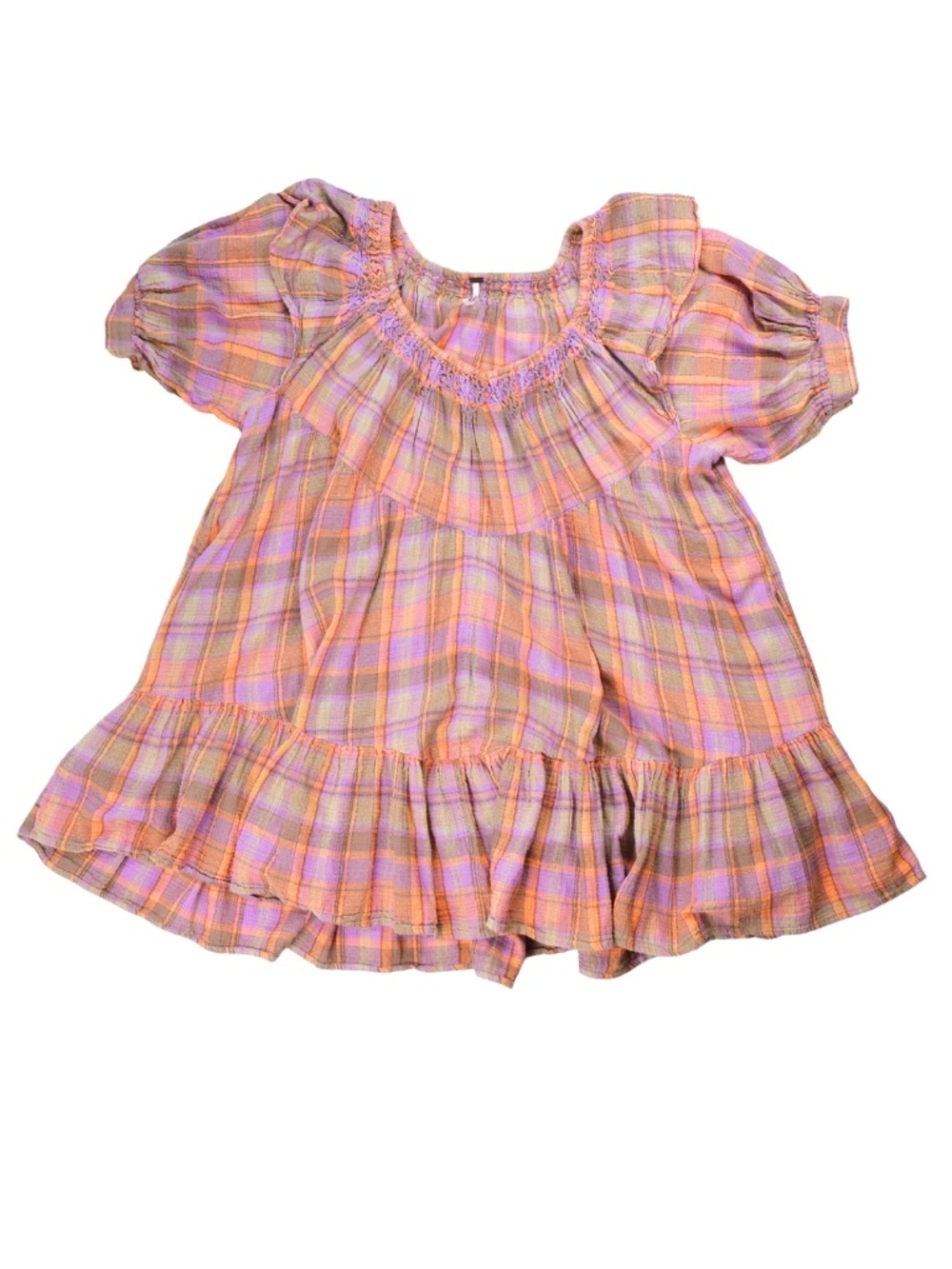 Free People Plaid Babydoll Mini Dress Size S Purple Orange Cotton Gauze Boho